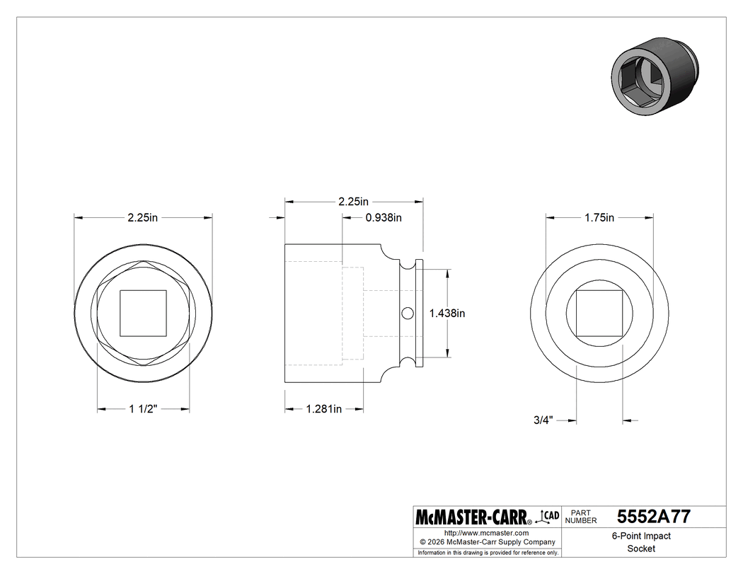 Technical Drawing of 6-Point Impact Socket, Standard, 3/4" Square Drive, 1-1/2" Size, 2-1/4" Long.